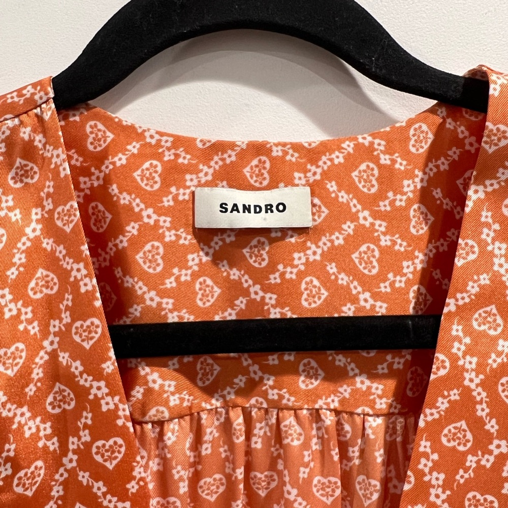 NWT Sandro orange print Enrika satin wrap dress - Picture 5 of 8